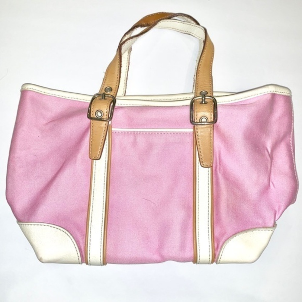 ⏰Vtg Coach S pink handbag w cream & brown leather